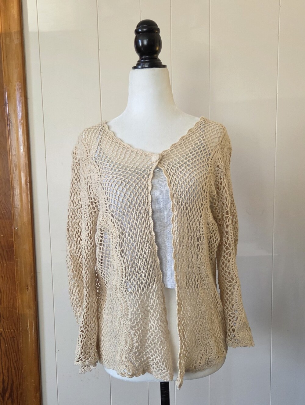 Vintage TanJay | Cottagecore Open Knit Cream Cardigan | Sz Medium